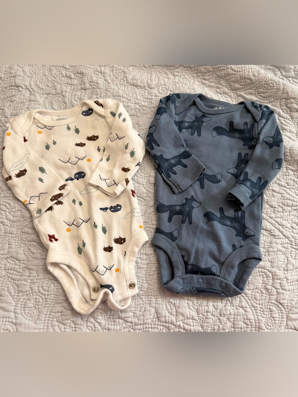 Carter's Blue Fox & white Woodland Print Long-Sleeve One-Piece Bodysuits